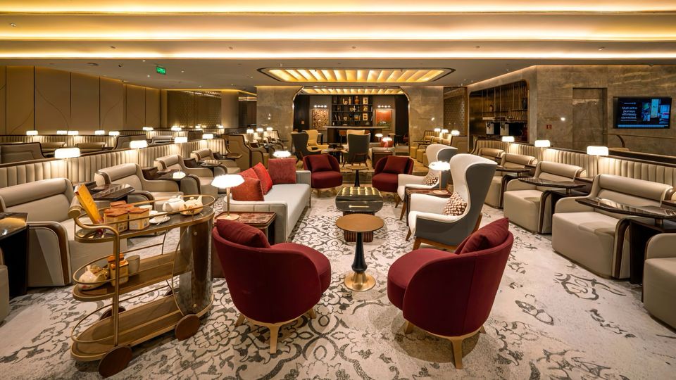 Tea and cocktail trolleys are a nod to heritage at Air India's new Maharaja Lounge, Delhi.