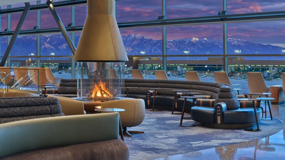 Ski chalet inspiration for the Delta Sky Club at Salt Lake City.