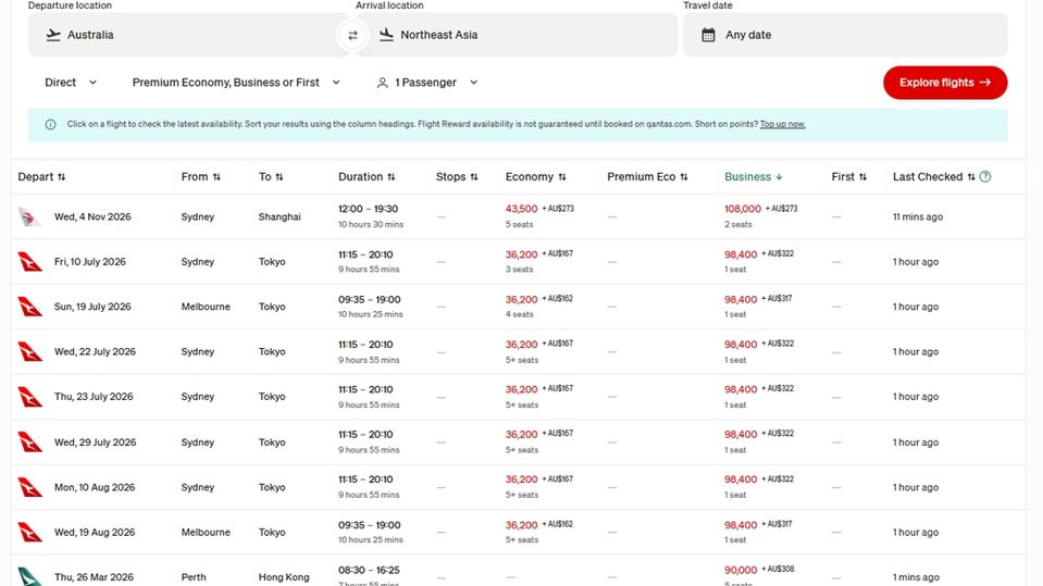 Plenty of Classic Reward seat options to Asia.