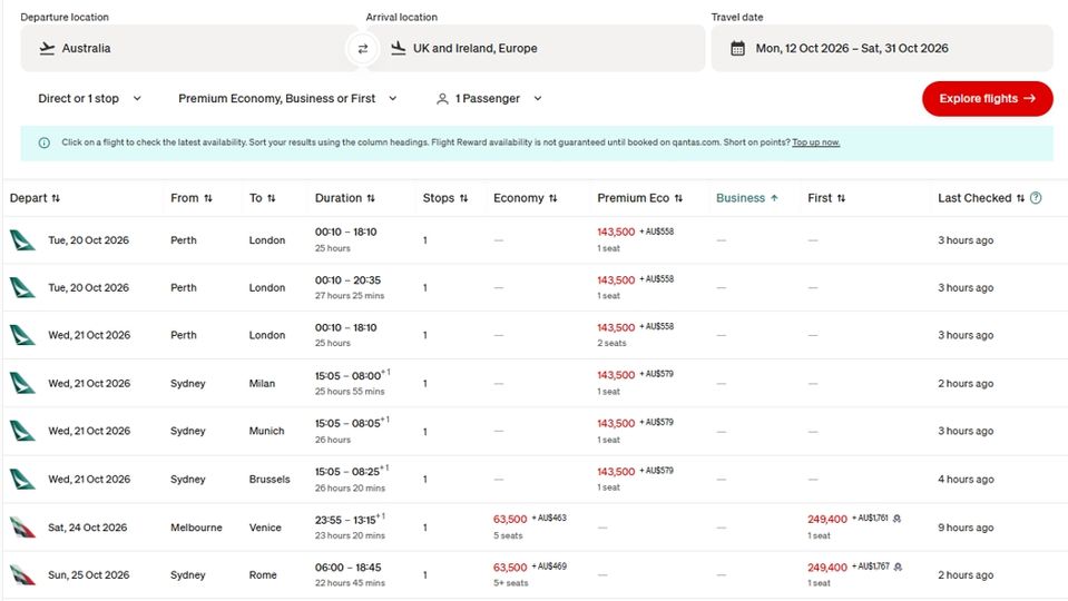 This search for flights to the UK, Ireland and Europe exposes options on Cathay Pacific and Emirates.