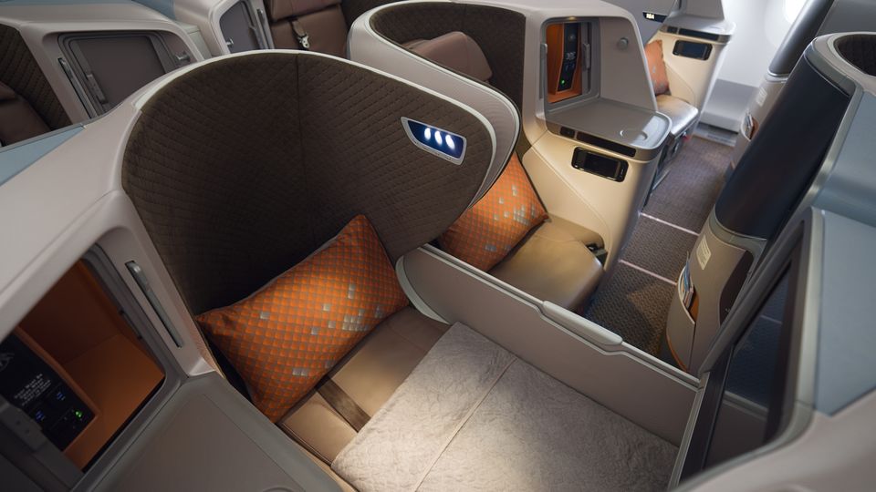 Each of the A350's 40 business class seats converts into a fully lie-flat bed.