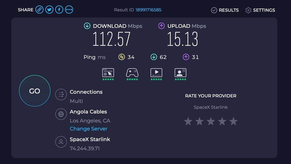 A random SpeedTest result during United's Starlink flight, and this was actually below the average result.