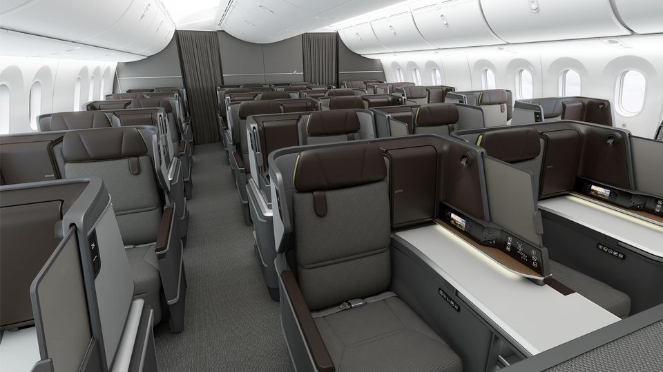 EVA Air's modern 787 Royal Laurel Business Class cabin.