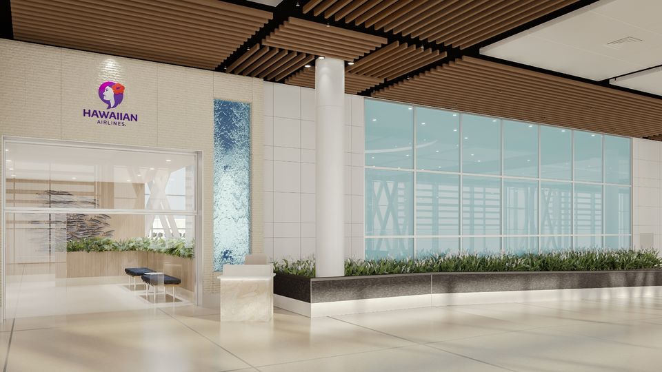 An early render of Hawaiian's new flagship lounge at Honolulu.