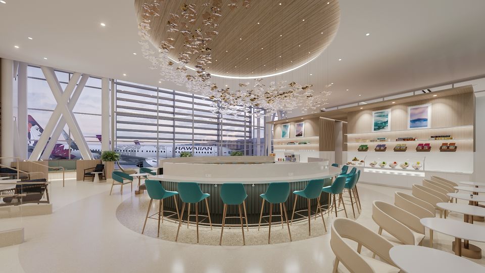 An early render of Hawaiian's new flagship lounge at Honolulu.