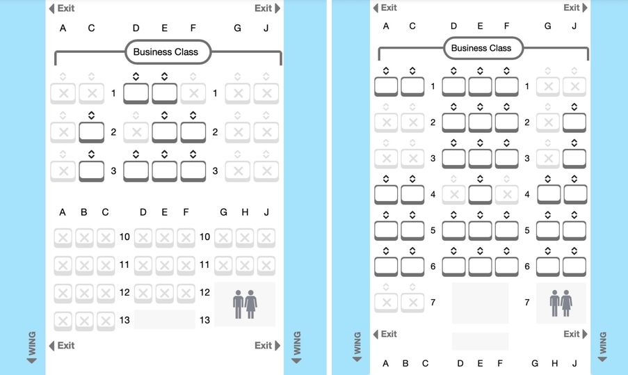 The old (left) and new (right) Jetstar 787 business class cabins.