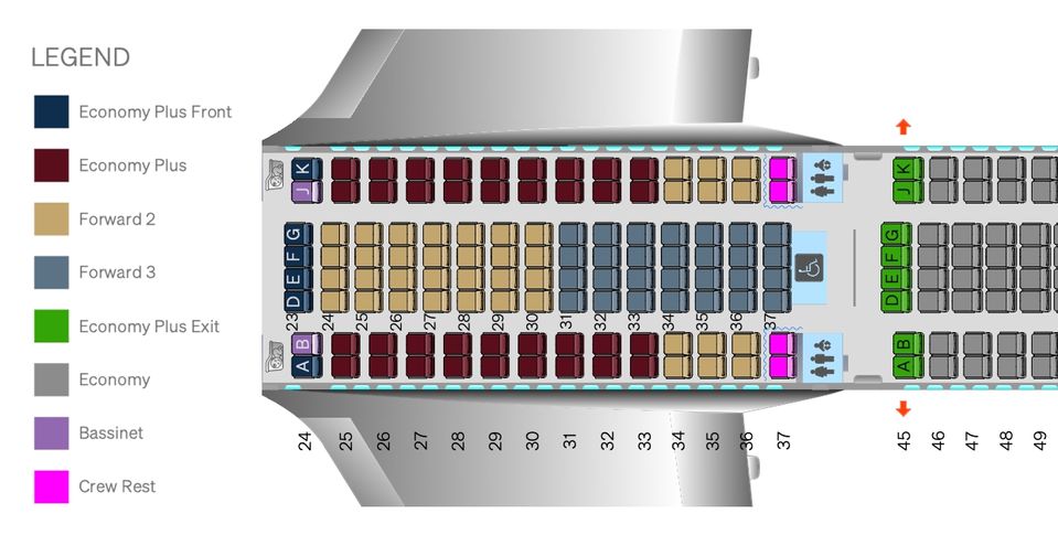 Qantas A330-200 seat map with Economy Plus.