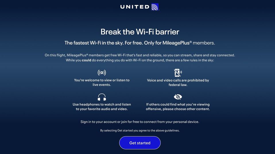 To use Starlink on a UA flight, you'll need to be a member of its MileagePlus loyalty program.