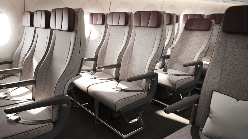 The colour scheme of Qantas' original A350 economy class.