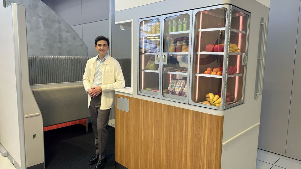 David Caon and a mock-up showing part of the A350's Wellbeing Zone.