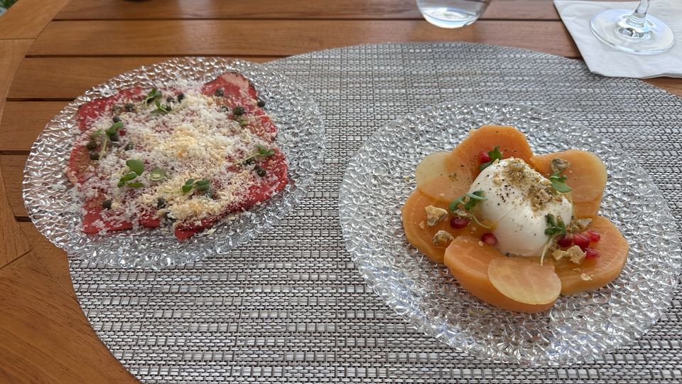 Beef carpaccio and beets & burrata.