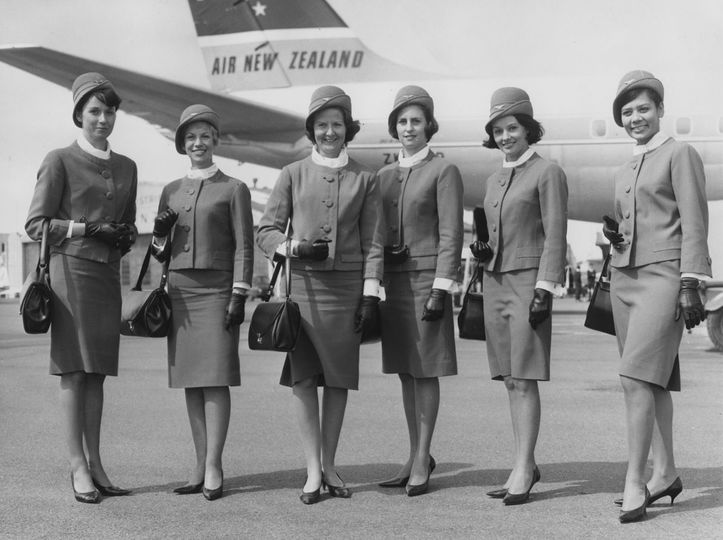 Air NZ DC-8 flight attendants don Christian Dior uniforms in the jet era, c1965