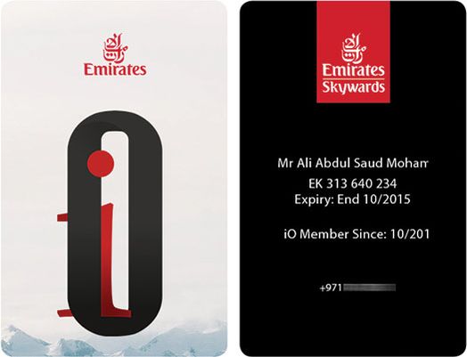 Emirates iO membership card, front and back. Supplied