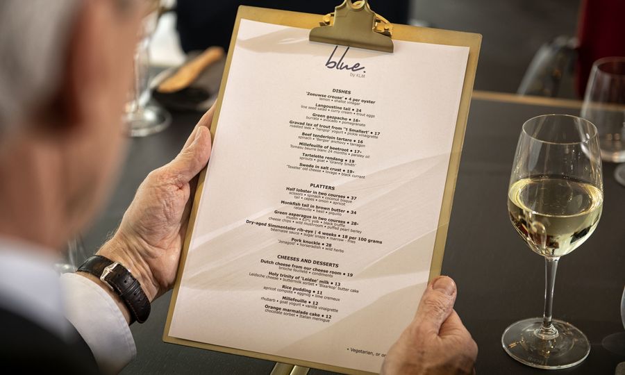 The dining menu at Blue by KLM.
