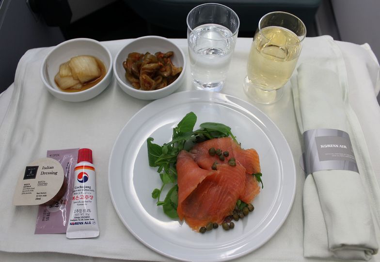 Korean Air Airbus A330-300 business class dining: smoked salmon