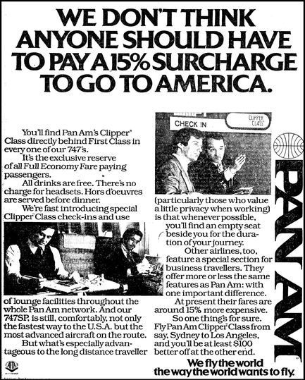 Pan Am spruiks its Clipper Class service as being on-par with business class.