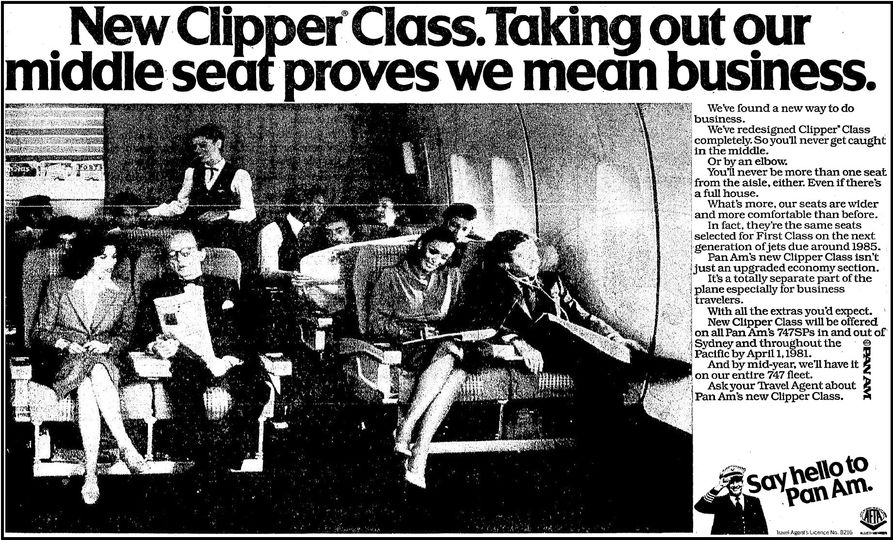 Pan Am waits until 1981 to ditch the economy-style seating in Clipper Class.