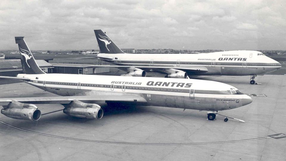 Two iconic Qantas jets, past and future: the Boeing 707 and the Boeing 747.