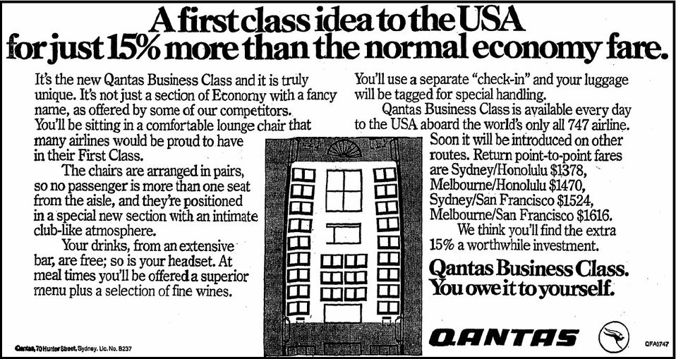 A Qantas advertisement from 1979 explains the concept of its new business class.