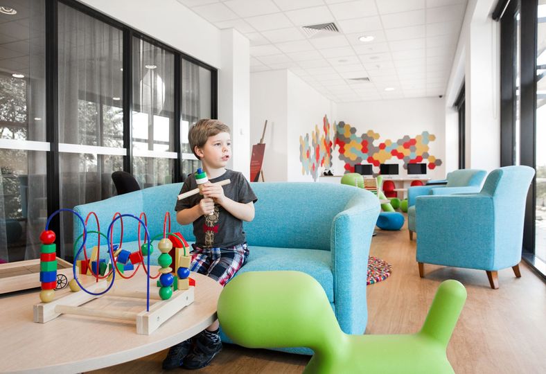 The 'kid zone' in the Darwin Qantas Club, complete with toys and a juice fridge