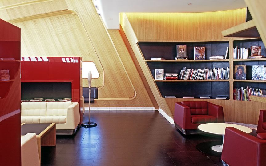 The library at the Qantas First Lounge in Sydney