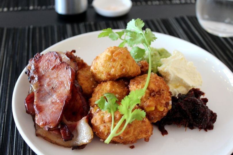 One tasty option from the menu: sweet corn fritters with bacon, avocado, crème fraiche & tomato jam...