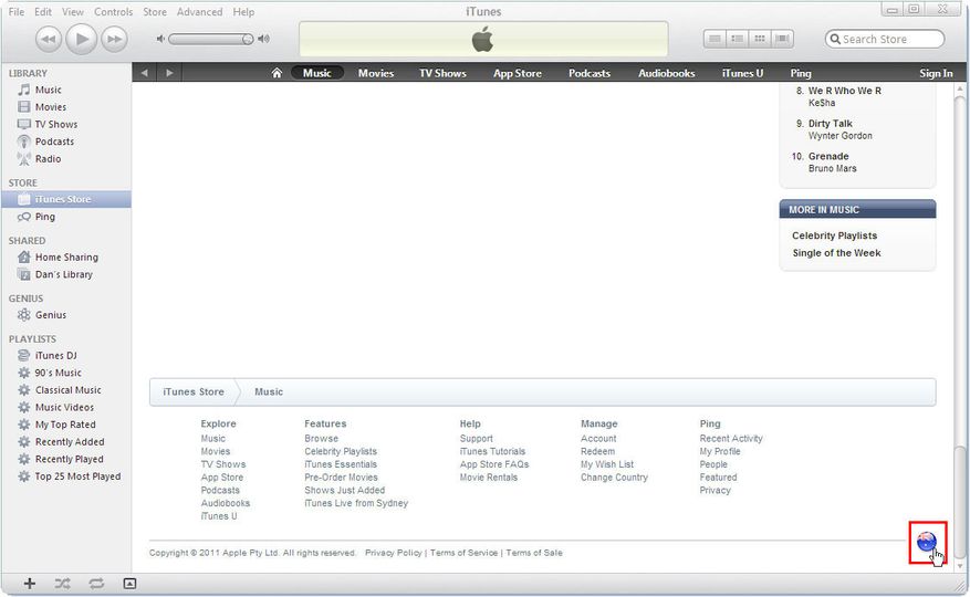 Click on the small Australian flag at the bottom of the iTunes screen.