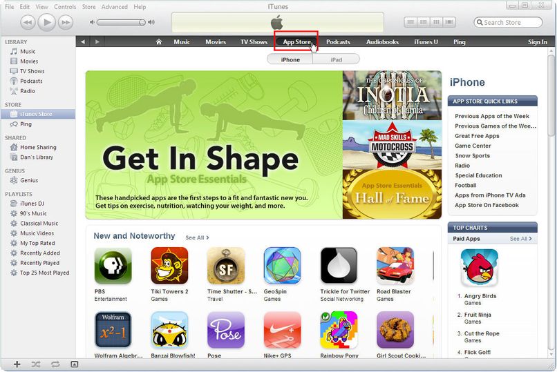 Click the "app store" link at the top of the iTunes Store screen.