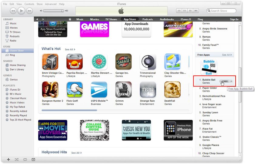 Find a free iPhone app, and click the "free" link next to it to download it.