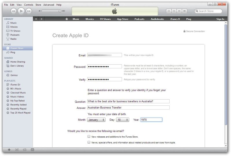 Fill in the Apple ID sign-up form.
