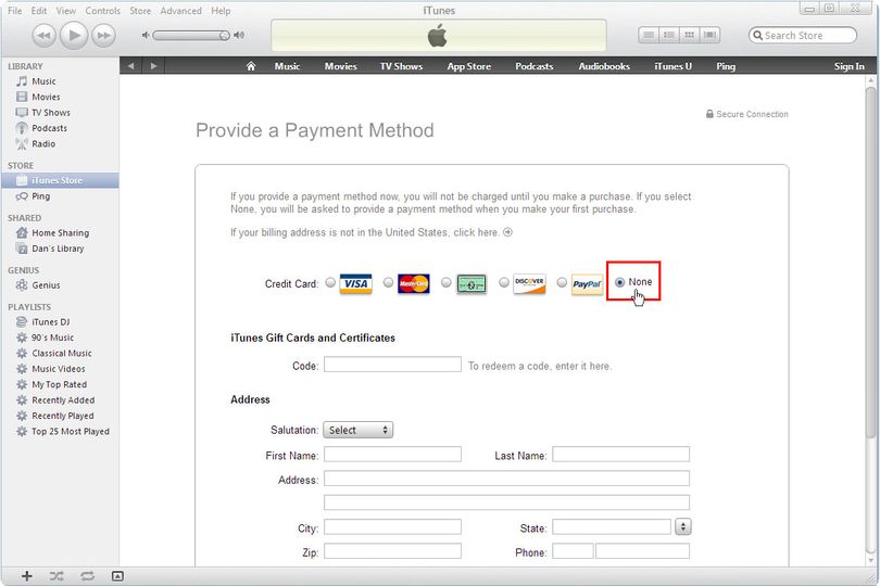 Click the payment option "none".